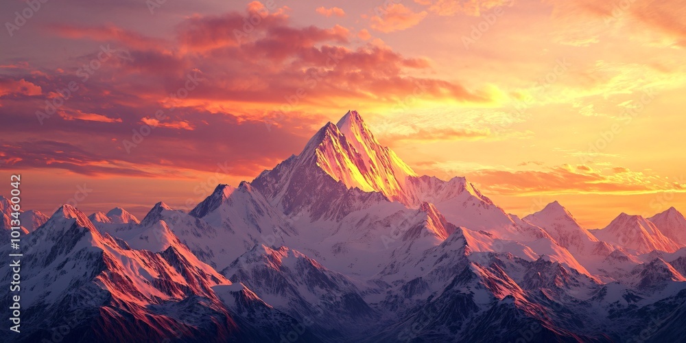Obraz premium Majestic snow-capped mountains illuminated by a vibrant sunset.