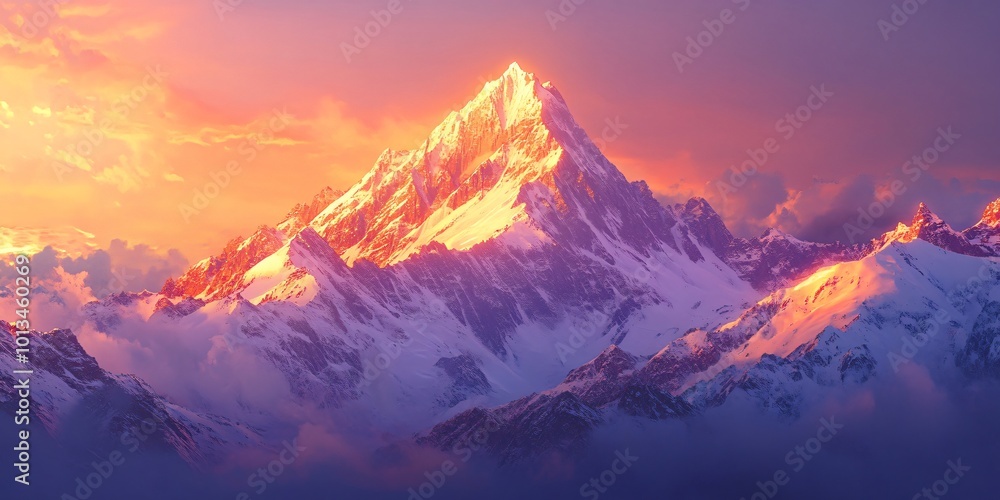 Majestic snowy mountain peak illuminated by a vibrant sunset with clouds in the sky. Majestic snowy mountain peak illuminated by a vibrant sunset with clouds in the sky.