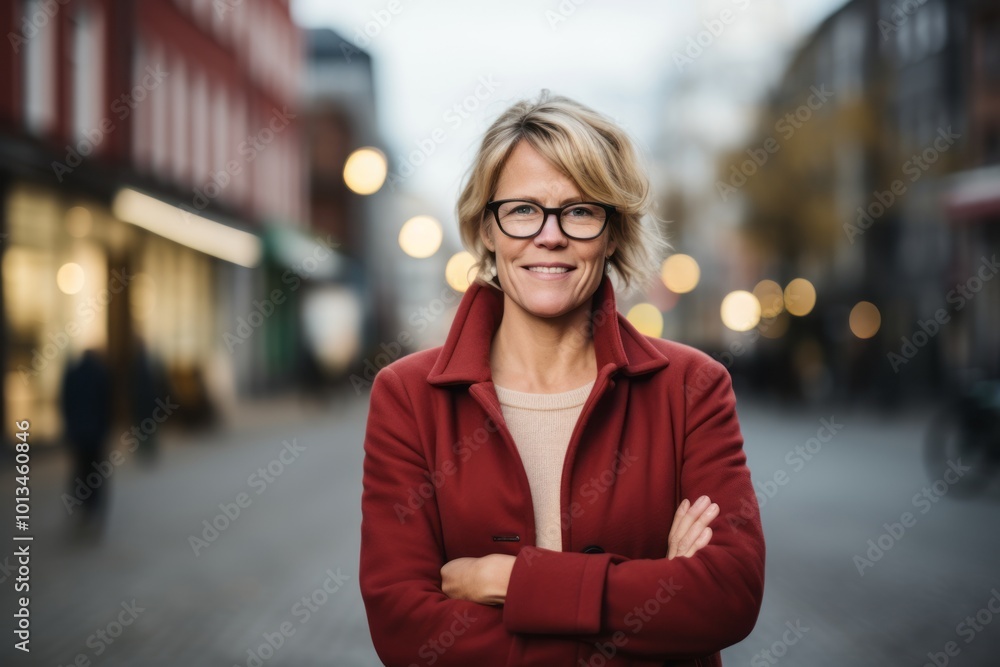 Portrait of a middle-aged woman with glasses on the background of the city Portrait of a middle-aged woman with glasses on the background of the city