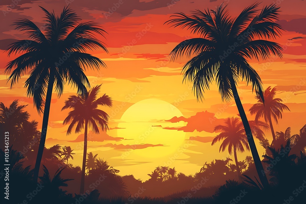 tropical beach on sunset with palm trees and birds tropical beach on sunset with palm trees and birds
