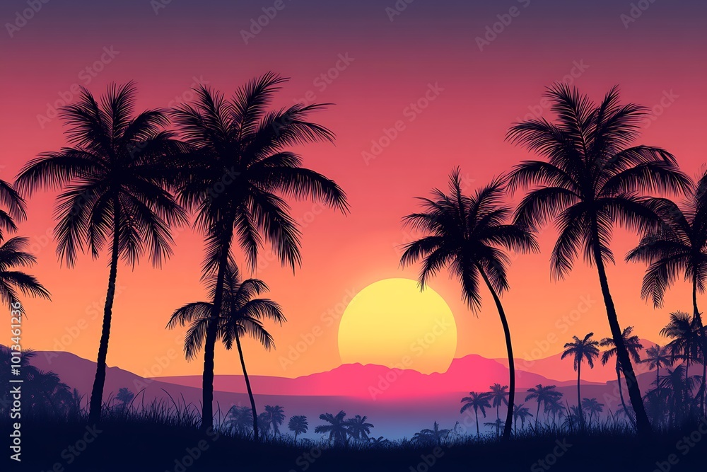 tropical beach on sunset with palm trees and birds