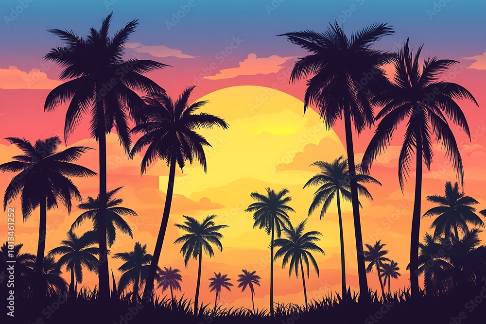 tropical beach on sunset with palm trees and birds tropical beach on sunset with palm trees and birds