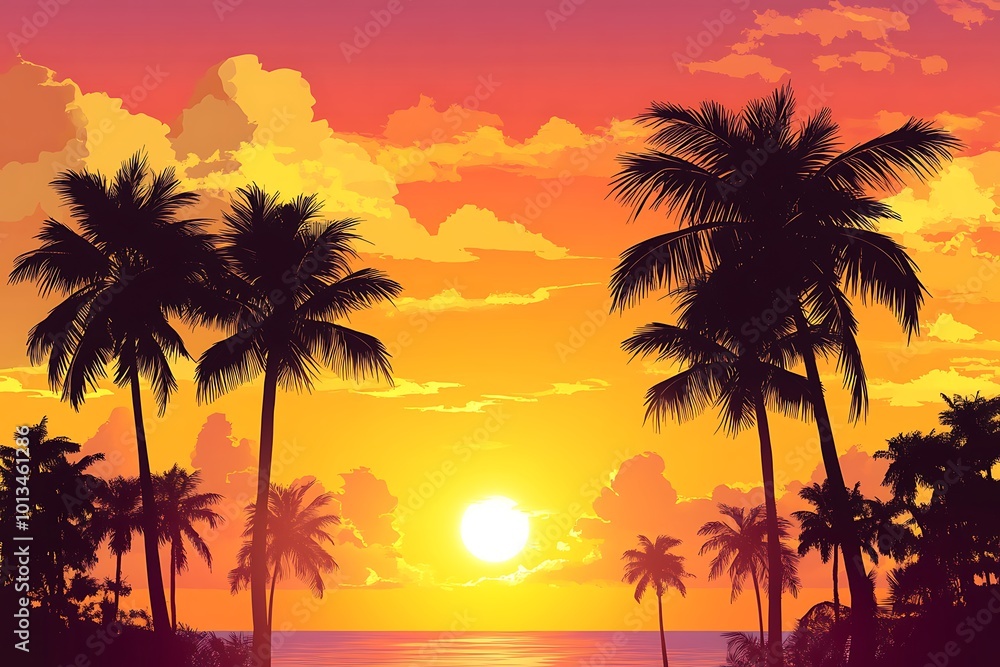 tropical beach on sunset with palm trees and birds tropical beach on sunset with palm trees and birds