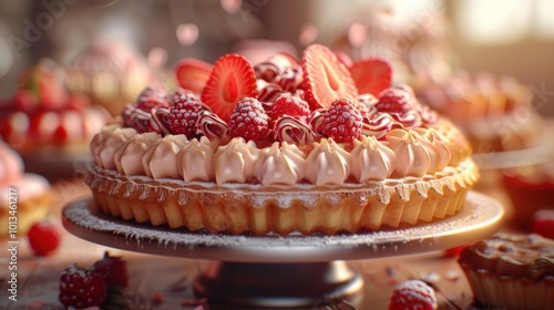 Wallpaper Mural Exquisite homemade meringue cake adorned with luscious fresh raspberries strawberries and creamy toppings displayed on an ornate serving platter for a celebratory table setting Torontodigital.ca