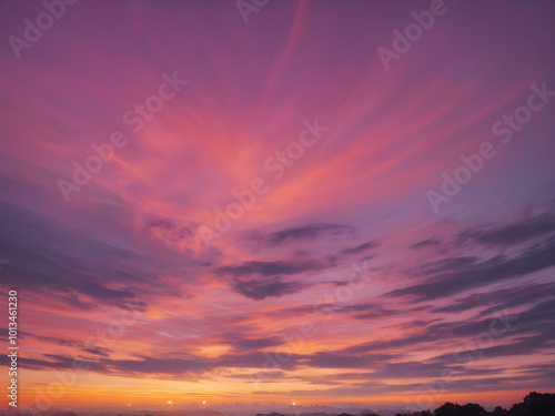 The sky at dawn, with a soft gradient of pink, purple, and orange as the first rays of sunlight peek over the horizon

