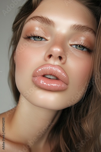 portrait of a young woman with unnatural big lips from fillers, cosmetic procedure gone wrong