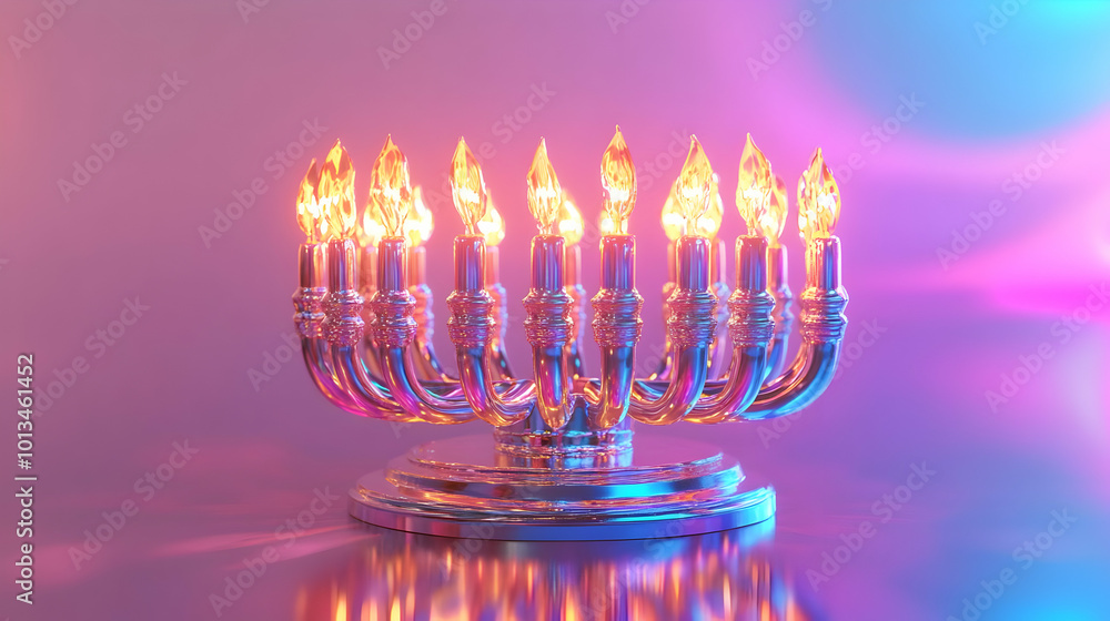 Fototapeta premium 3D Holographic Dreidel and Menorah on Glossy Desktop - Captivating Seasonal Promotion with Ample Copy Space for Festive Campaigns