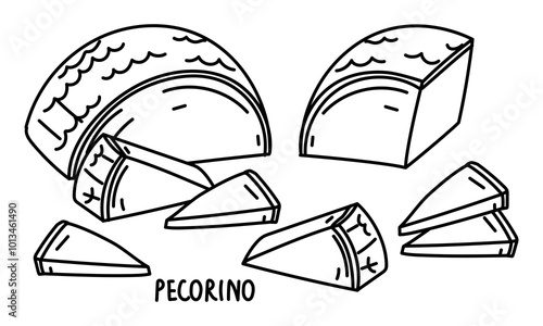 set of doodle parmesan or pecorino cheese in the form of semicircular triangular pieces, conveniently sliced, vector illustration highlighted on a white. group is dedicated to the menu of the cafe