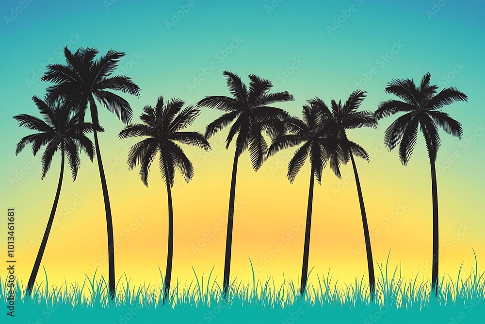 tropical beach on sunset with palm trees and birds tropical beach on sunset with palm trees and birds