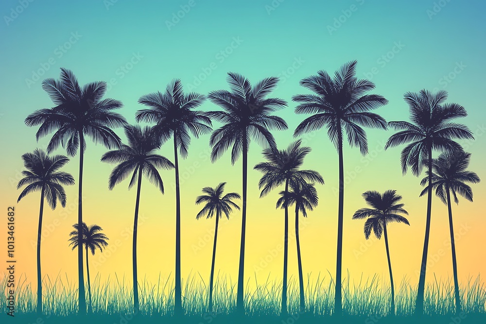 tropical beach on sunset with palm trees and birds tropical beach on sunset with palm trees and birds