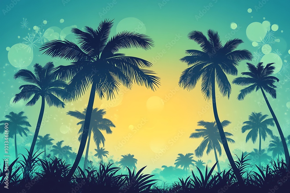 Fototapeta premium tropical beach on sunset with palm trees and birds