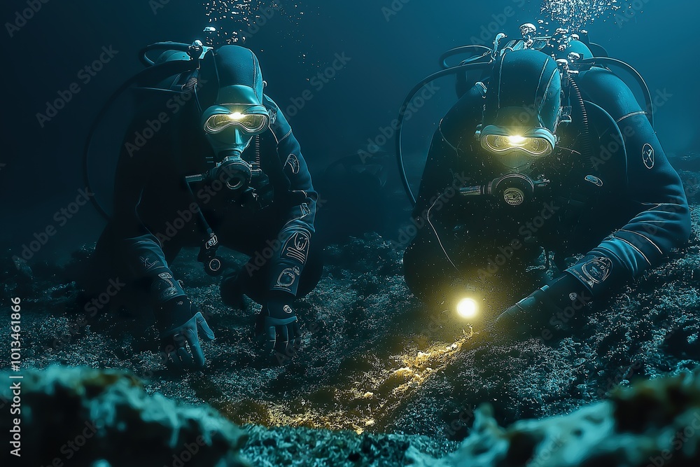 Divers explore a vibrant underwater thermal vent with unique marine life during a deep-sea expedition at an oceanic site Divers explore a vibrant underwater thermal vent with unique marine life during a deep-sea expedition at an oceanic site