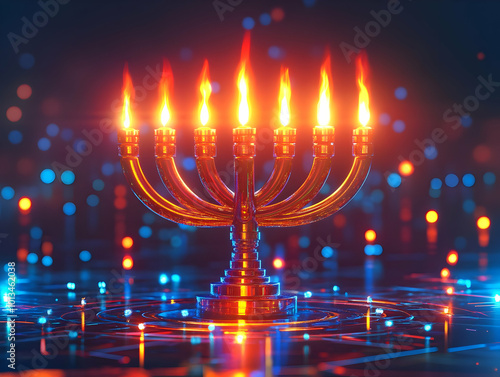 Flat Glowing Menorah with Abstract Hebrew Letters - Vibrant Digital Background for Hanukkah Celebrations and Spiritual Ads