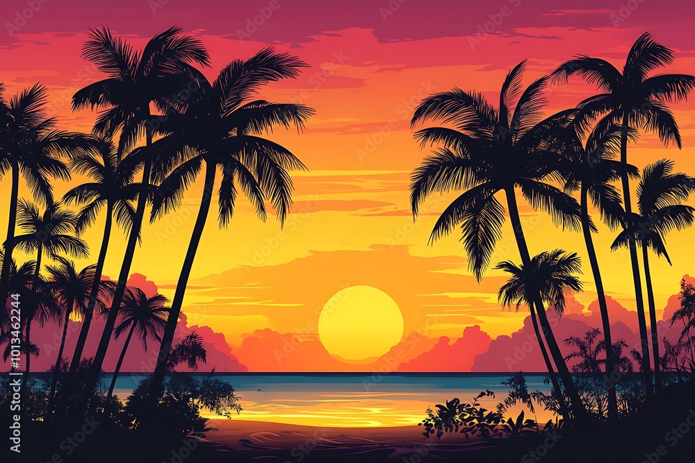 tropical beach on sunset with palm trees and birds tropical beach on sunset with palm trees and birds