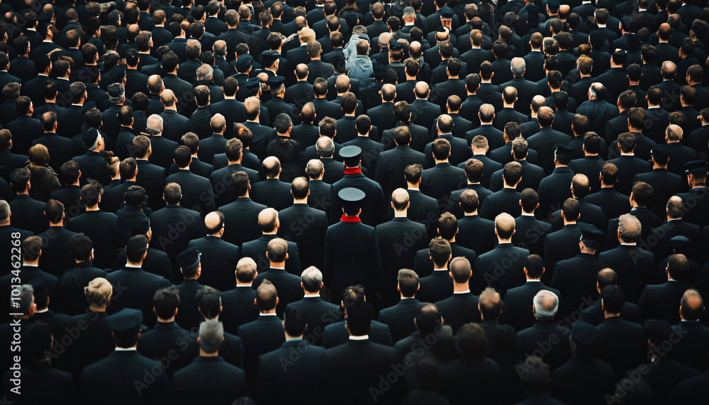 Obraz premium Photograph an individual dressed distinctly among a large crowd wearing uniform or similar attire, creating a contrast between them and the crowd