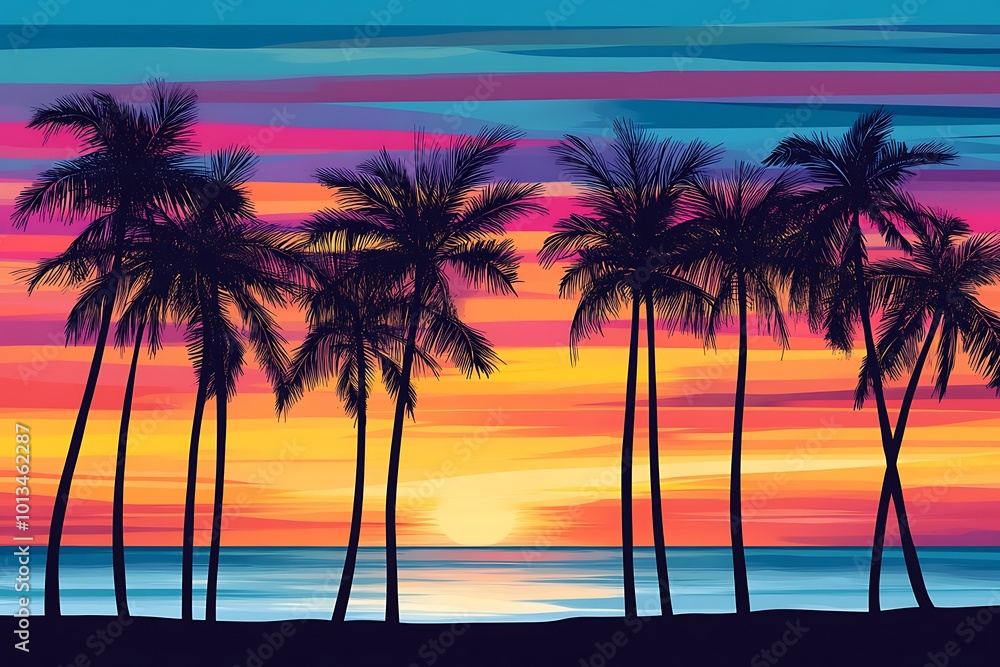 tropical beach on sunset with palm trees and birds tropical beach on sunset with palm trees and birds