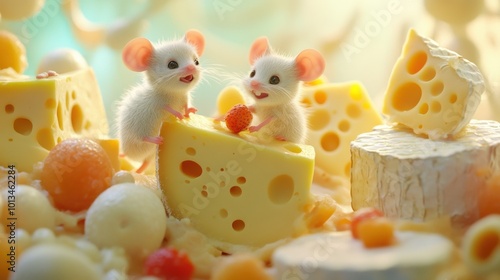 A whimsical scene of adorable mice surrounded by delicious cheeses, captured against a soft, colorful backdrop.