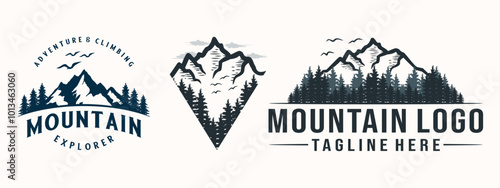 mountain logo set. illustration of mountains and pine trees. for travel, hiking and outdoor activities	