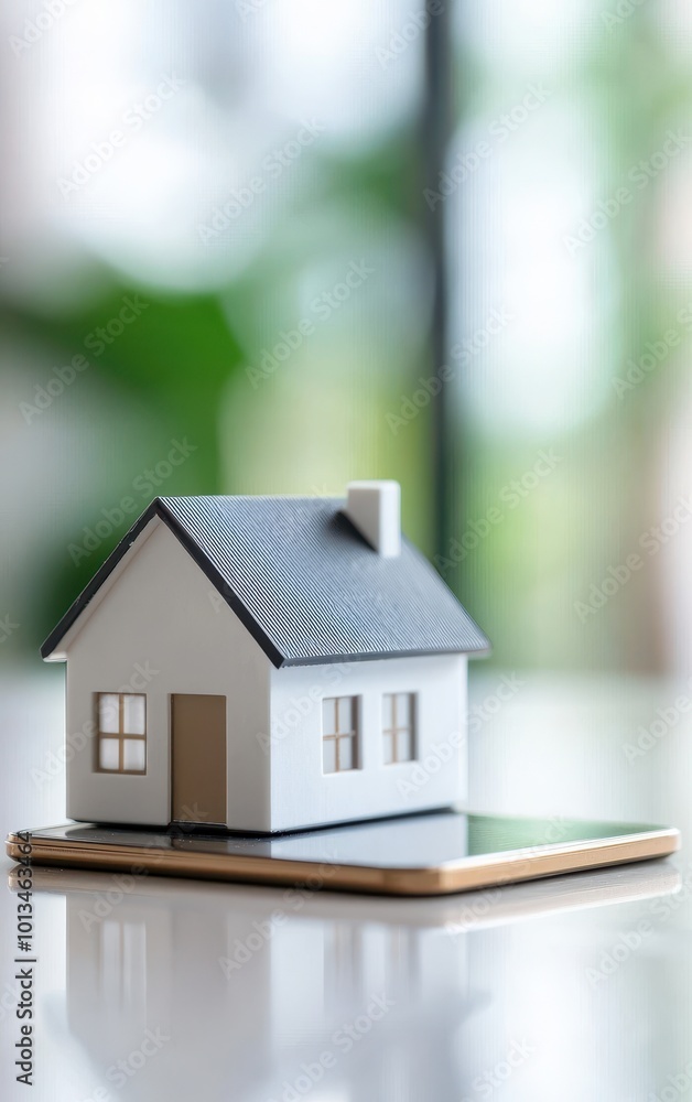 Miniature white house model on a wooden base in a vibrant indoor setting. Miniature white house model on a wooden base in a vibrant indoor setting.