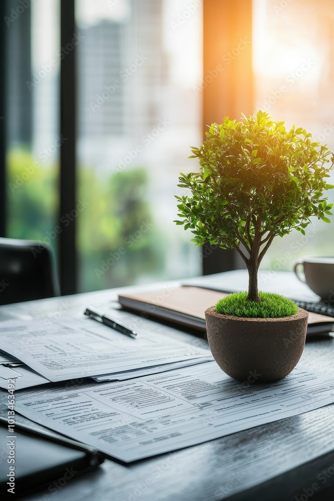 Miniature tree in a pot on a desk with documents and a cup, glowing sunlight in background.