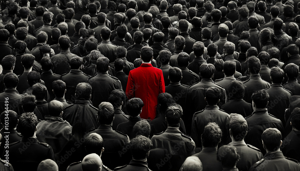 Obraz premium Photograph an individual dressed distinctly among a large crowd wearing uniform or similar attire, creating a contrast between them and the crowd