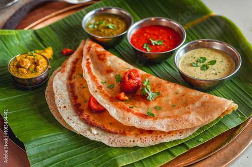 Dosas served on a leaf with chutneys and sambar in an appealing restaurant angle view, professional food photography showcasing traditional Indian cuisine.
 photo