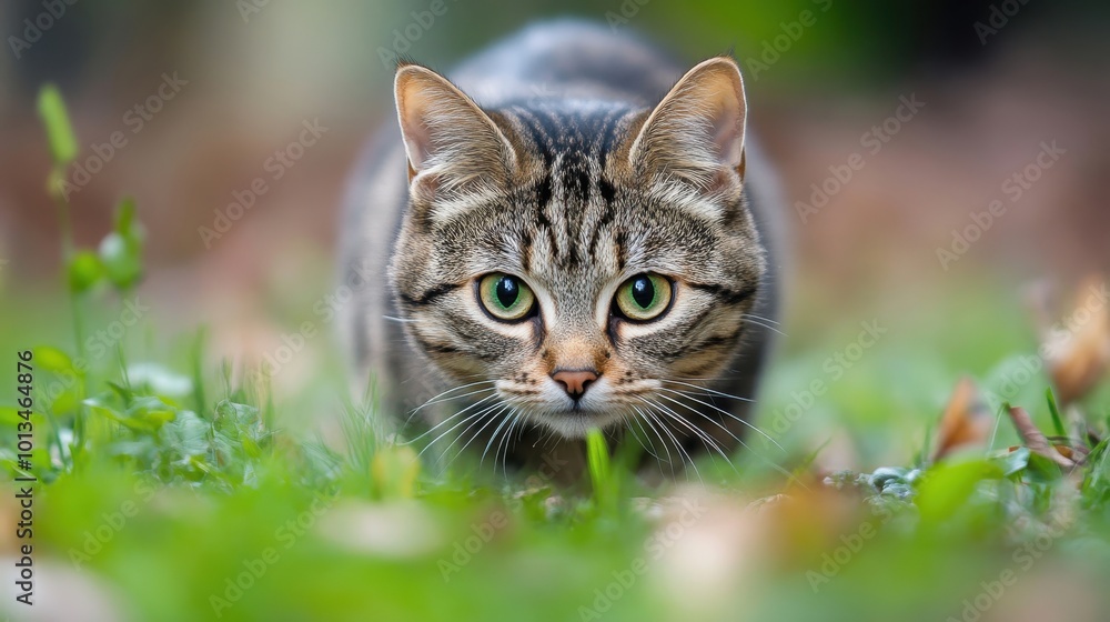 Feline Portrait: Blurred Grass Background and Shallow Depth