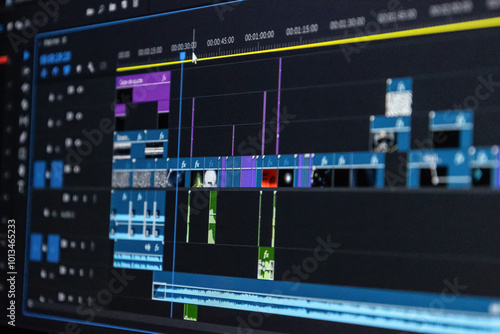 Obraz na płótnie Closing the video editing timeline and the computer monitor while the video editor works on video editing on the computer. fixed programme work for editing, processing, post-production, clip creation w salonie
