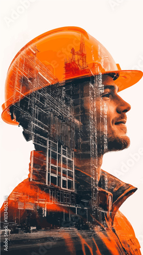 Double exposure of a male construction worker with city skyscrapers, symbolizing urban progress and infrastructure development.