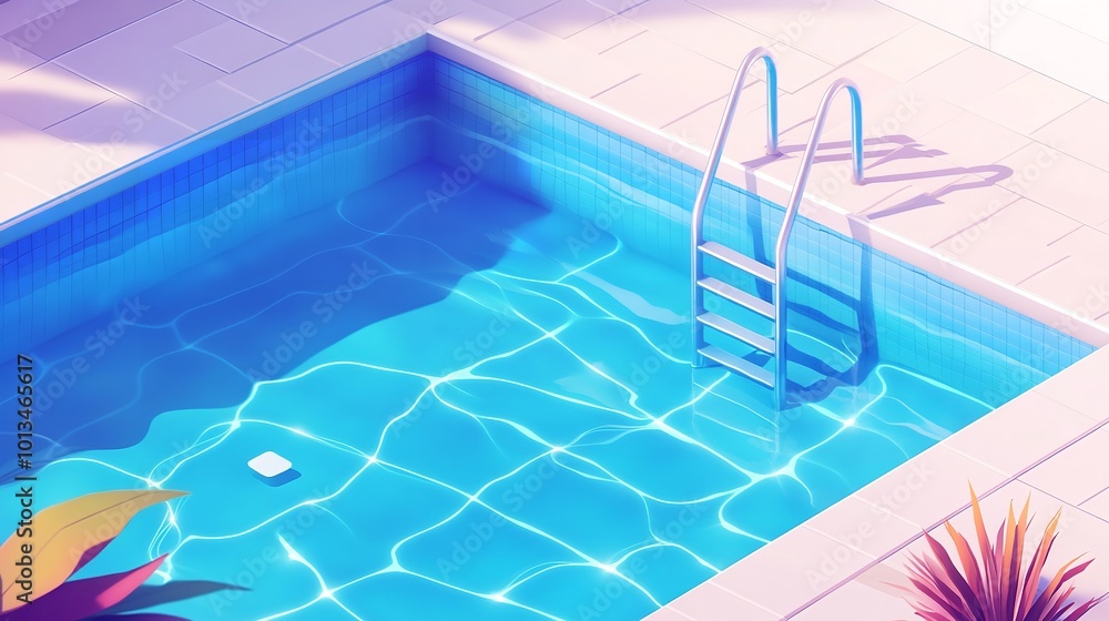 An isometric illustration presents a swimming pool with people enjoying. An isometric illustration presents a swimming pool with people enjoying.
