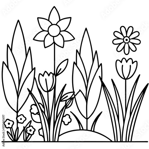 simple garden flowers outline coloring book page line art drawing