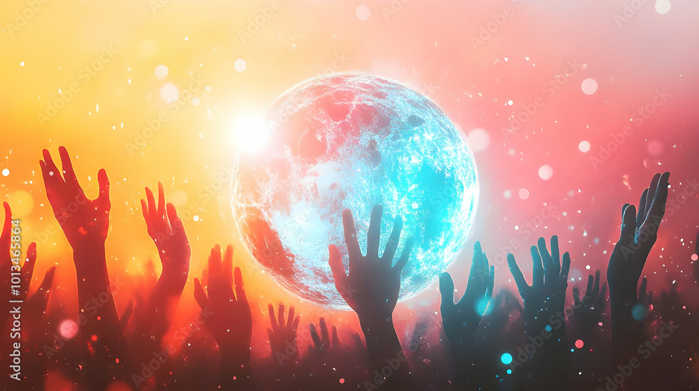 3D Holographic Globe with Raised Hands on Glowing Background - Symbolizing Global Rights and Human Unity with Copy Space 3D Holographic Globe with Raised Hands on Glowing Background - Symbolizing Global Rights and Human Unity with Copy Space