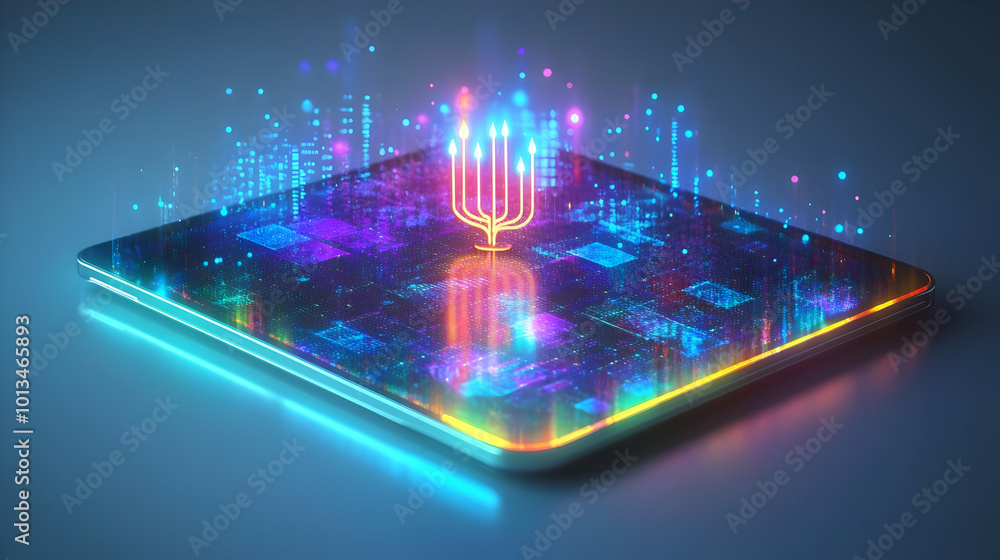 3D Glossy Tablet Showcasing Holographic Menorah & Hanukkah Donuts on Isolated White Background - Modern Festive Concept with Copy Space 3D Glossy Tablet Showcasing Holographic Menorah & Hanukkah Donuts on Isolated White Background - Modern Festive Concept with Copy Space