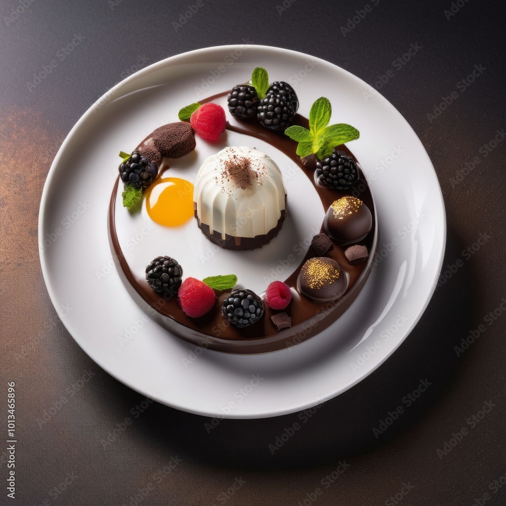 Decadent chocolate cake topped with juicy berries, drizzled with rich chocolate sauce. For creating recipes on culinary websites, blogs, promoting food products on social media platforms. Decadent chocolate cake topped with juicy berries, drizzled with rich chocolate sauce. For creating recipes on culinary websites, blogs, promoting food products on social media platforms.