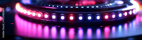 Macro Shot of a Futuristic Menorah Base with Glowing LED Light Strips - Intricate High-Tech Design and Close-Up Focus on Metallic Details for Photo Stock Concept photo