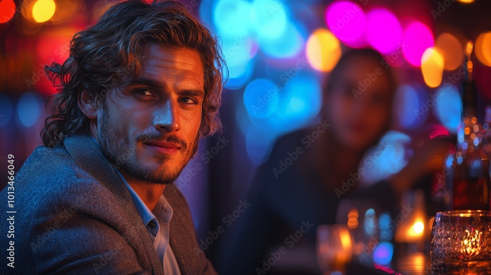 A man with wavy hair sits at a bar, illuminated by colorful lights, engaging with a woman. A man with wavy hair sits at a bar, illuminated by colorful lights, engaging with a woman.