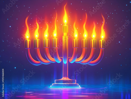 Vibrant Flat Abstract Illustrations of Glowing Hanukkah Gelt and Menorah with Neon Accents for Festive Holiday Ecommerce Banners