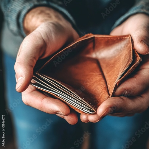 Young Man Opening an Empty Wallet in Stress photo