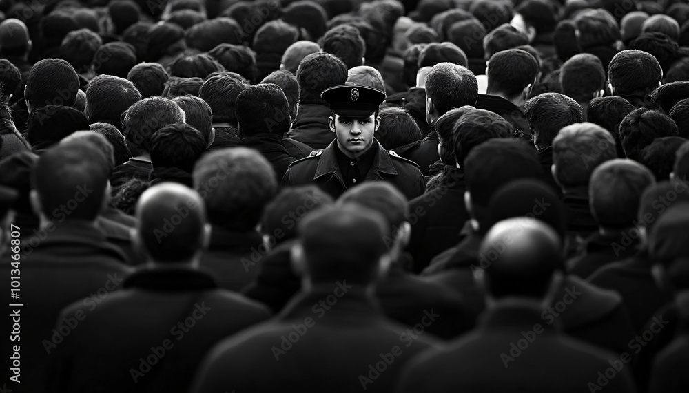 Obraz premium Photograph an individual dressed distinctly among a large crowd wearing uniform or similar attire, creating a contrast between them and the crowd