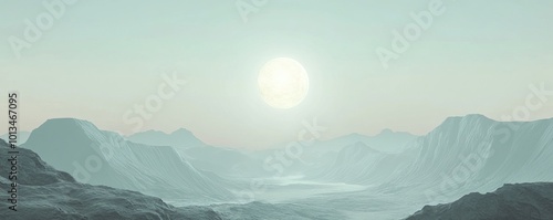 Serene mountain landscape with full moon at sunrise, tranquil nature scene