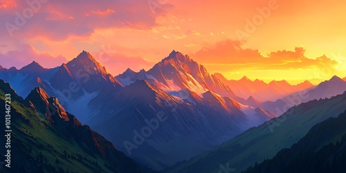 Mountain range bathed in golden light at sunset.