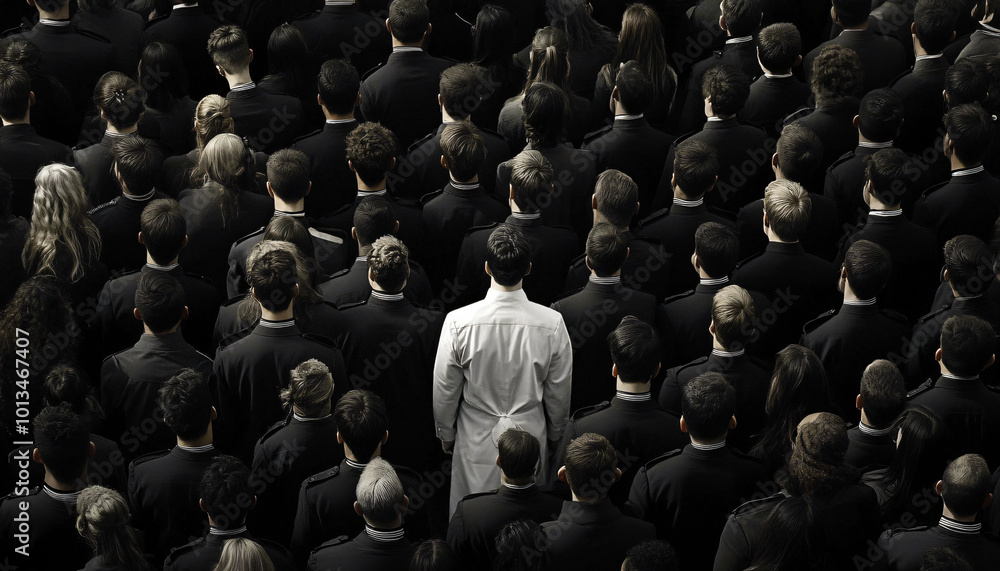Obraz premium Photograph an individual dressed distinctly among a large crowd wearing uniform or similar attire, creating a contrast between them and the crowd