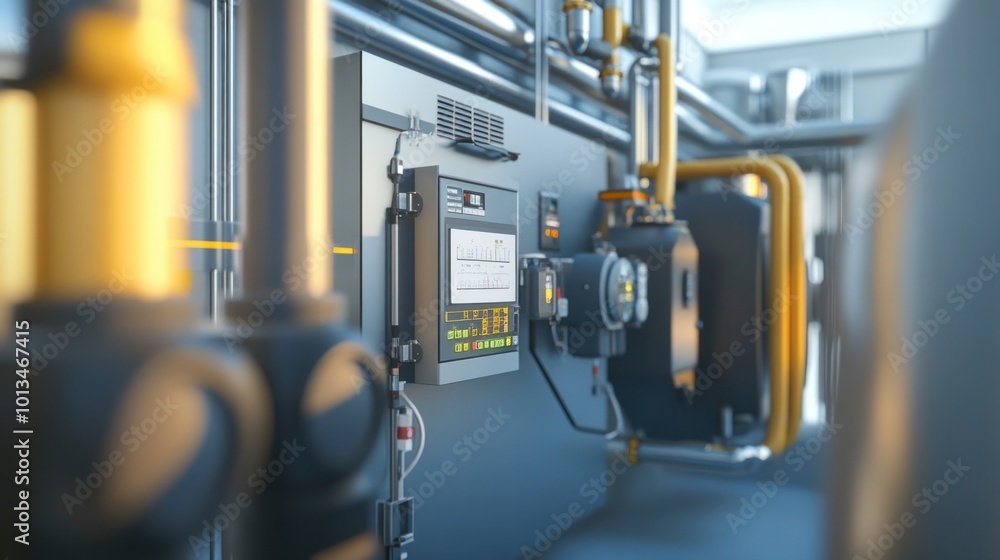 Industrial Control Panel and Pipes in a Factory