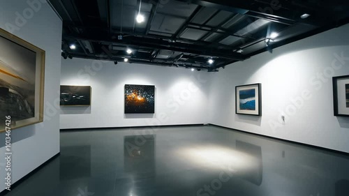 Camera slowly rotates 360 degrees in an art gallery with white walls and polished concrete floors, spotlight lighting