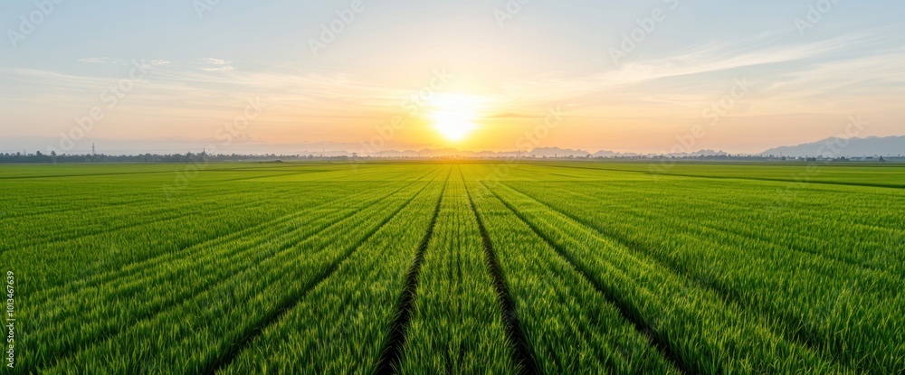 Breathtaking Sunrise Over Lush Green Rice Fields: A Serene Agricultural Landscape Breathtaking Sunrise Over Lush Green Rice Fields: A Serene Agricultural Landscape