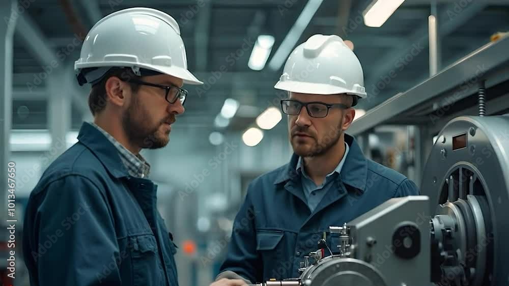 Two Engineers in Hard Hats Examining Machinery in a Factory Two Engineers in Hard Hats Examining Machinery in a Factory