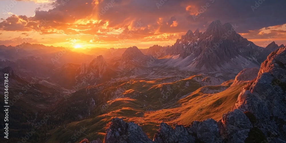 Obraz premium Mountain range illuminated by a vibrant sunset, casting long shadows across the landscape.