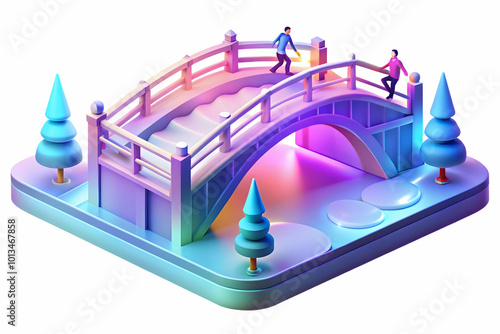 Abstract Flat Vector Illustration of a Glowing Snow-Covered Bridge with Vibrant Ice Skaters in a Winter Landscape for Seasonal Advertisements photo