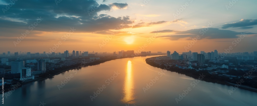 Fototapeta premium Breathtaking Sunset Over Urban Skyline Reflected in Serene River Waters