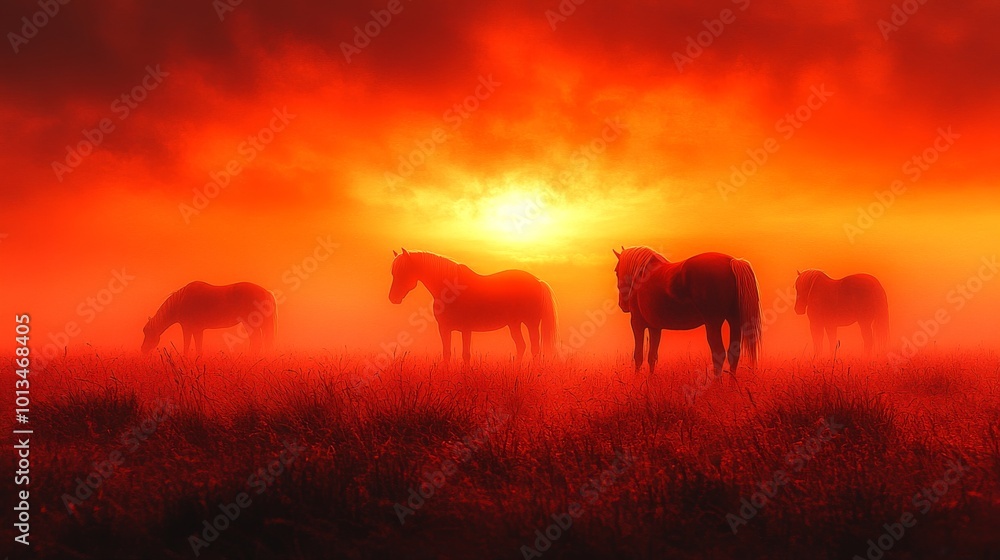 Horses grazing in a misty field at sunrise, with the fog and orange glow creating a dreamlike atmosphere.. Horses grazing in a misty field at sunrise, with the fog and orange glow creating a dreamlike atmosphere..